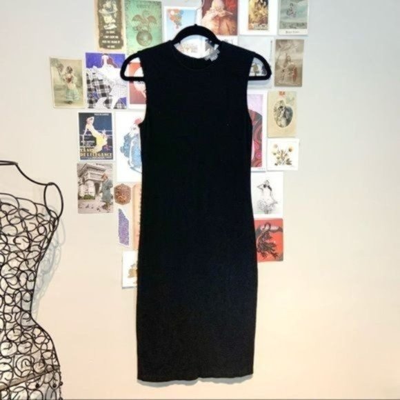 VINCE RIBBED KNIT PENCIL ROUND NECK SLEEVELESS MIDI KNEE LENGTH DRESS BLACK S - Picture 3 of 9